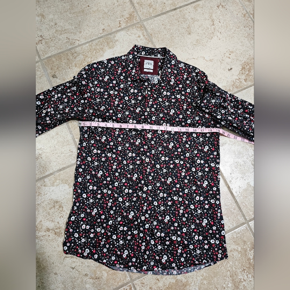 Zara Mens Large Slim Fit Shirt Black Floral Button Up Y2K Indie Retro - Picture 5 of 6